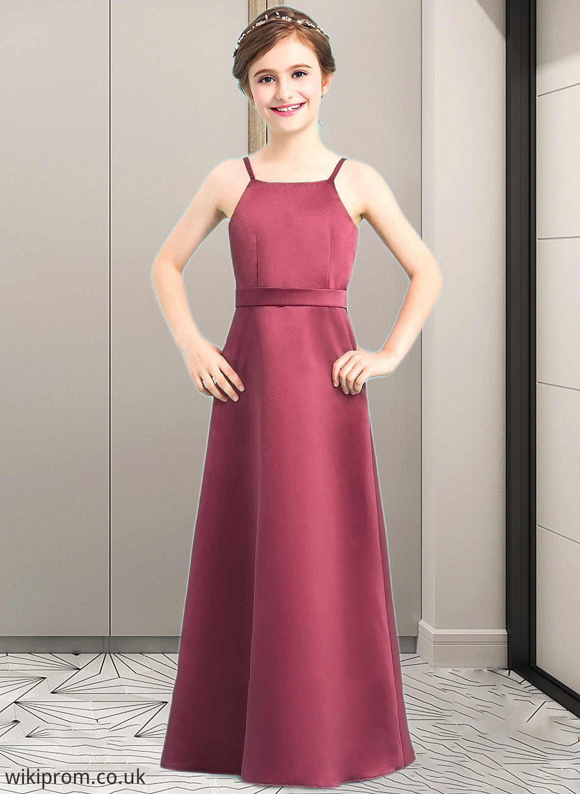 Pat A-Line Square Neckline Floor-Length Satin Junior Bridesmaid Dress With Bow(s) SWKP0013585