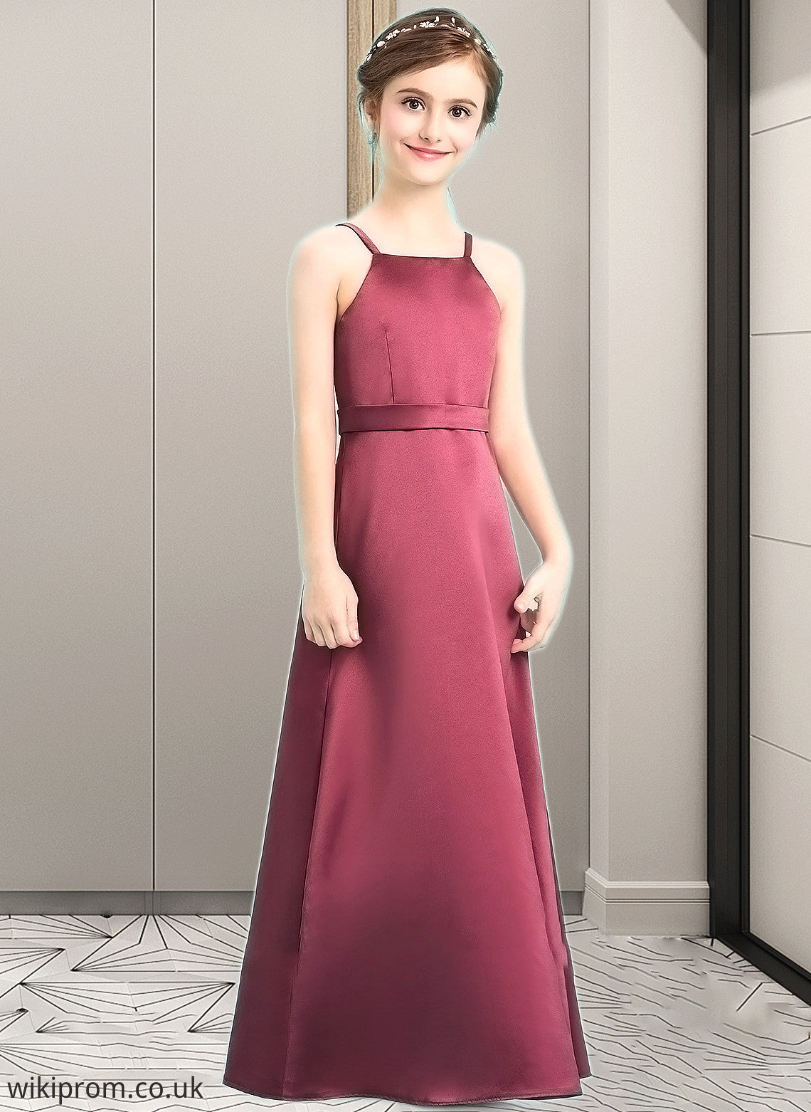 Pat A-Line Square Neckline Floor-Length Satin Junior Bridesmaid Dress With Bow(s) SWKP0013585