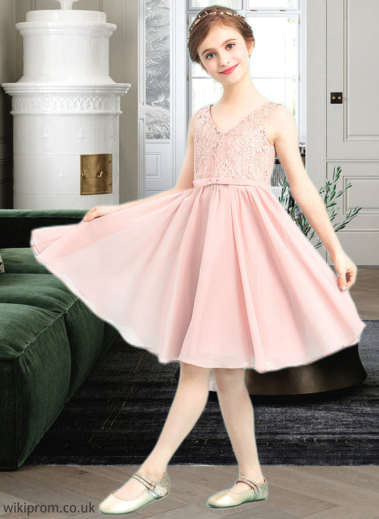 Brynlee A-Line V-neck Knee-Length Chiffon Junior Bridesmaid Dress With Bow(s) SWKP0013586