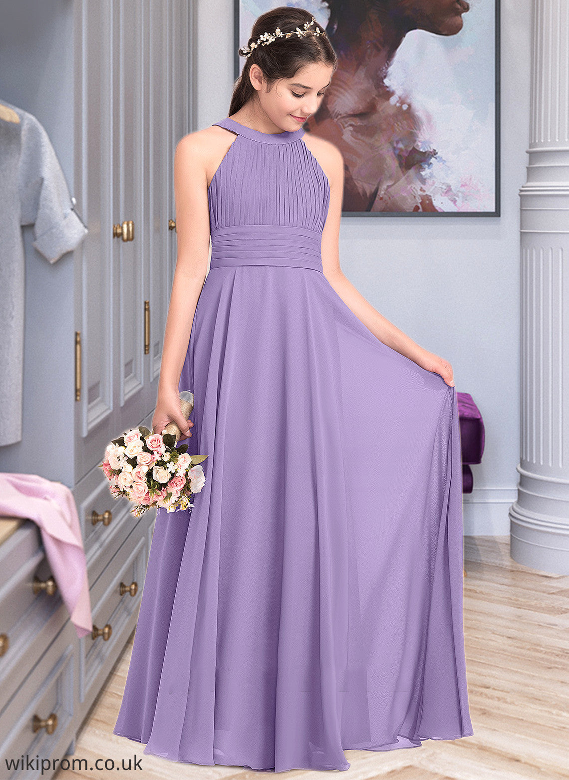 Cheyenne A-Line Scoop Neck Floor-Length Chiffon Junior Bridesmaid Dress With Ruffle SWKP0013588