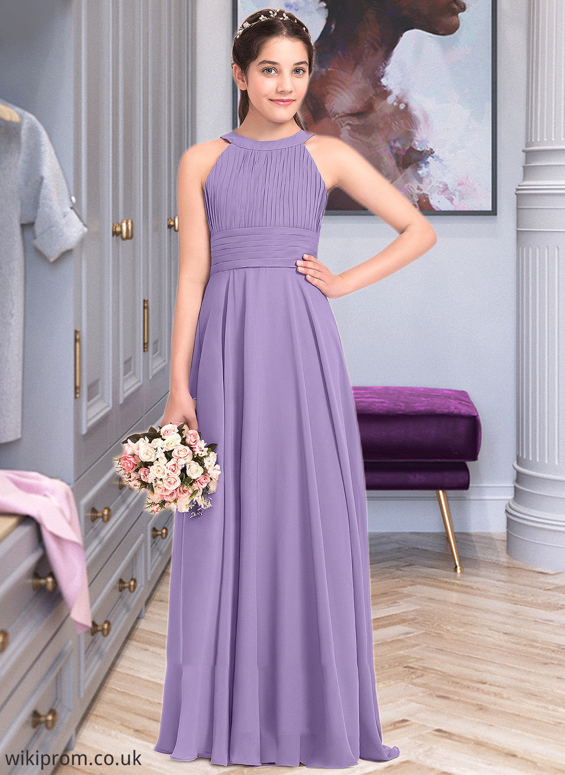 Cheyenne A-Line Scoop Neck Floor-Length Chiffon Junior Bridesmaid Dress With Ruffle SWKP0013588