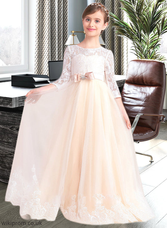 Luz Ball-Gown/Princess Scoop Neck Floor-Length Tulle Lace Junior Bridesmaid Dress With Sash Beading Bow(s) SWKP0013589