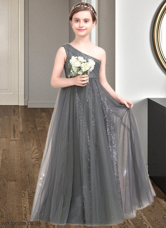 Raelynn A-Line One-Shoulder Floor-Length Tulle Sequined Junior Bridesmaid Dress With Ruffle SWKP0013592