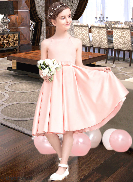 Deanna A-Line Square Neckline Knee-Length Satin Junior Bridesmaid Dress With Bow(s) SWKP0013593