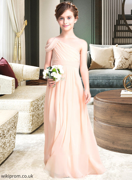 Kyra A-Line One-Shoulder Floor-Length Chiffon Junior Bridesmaid Dress With Ruffle SWKP0013594