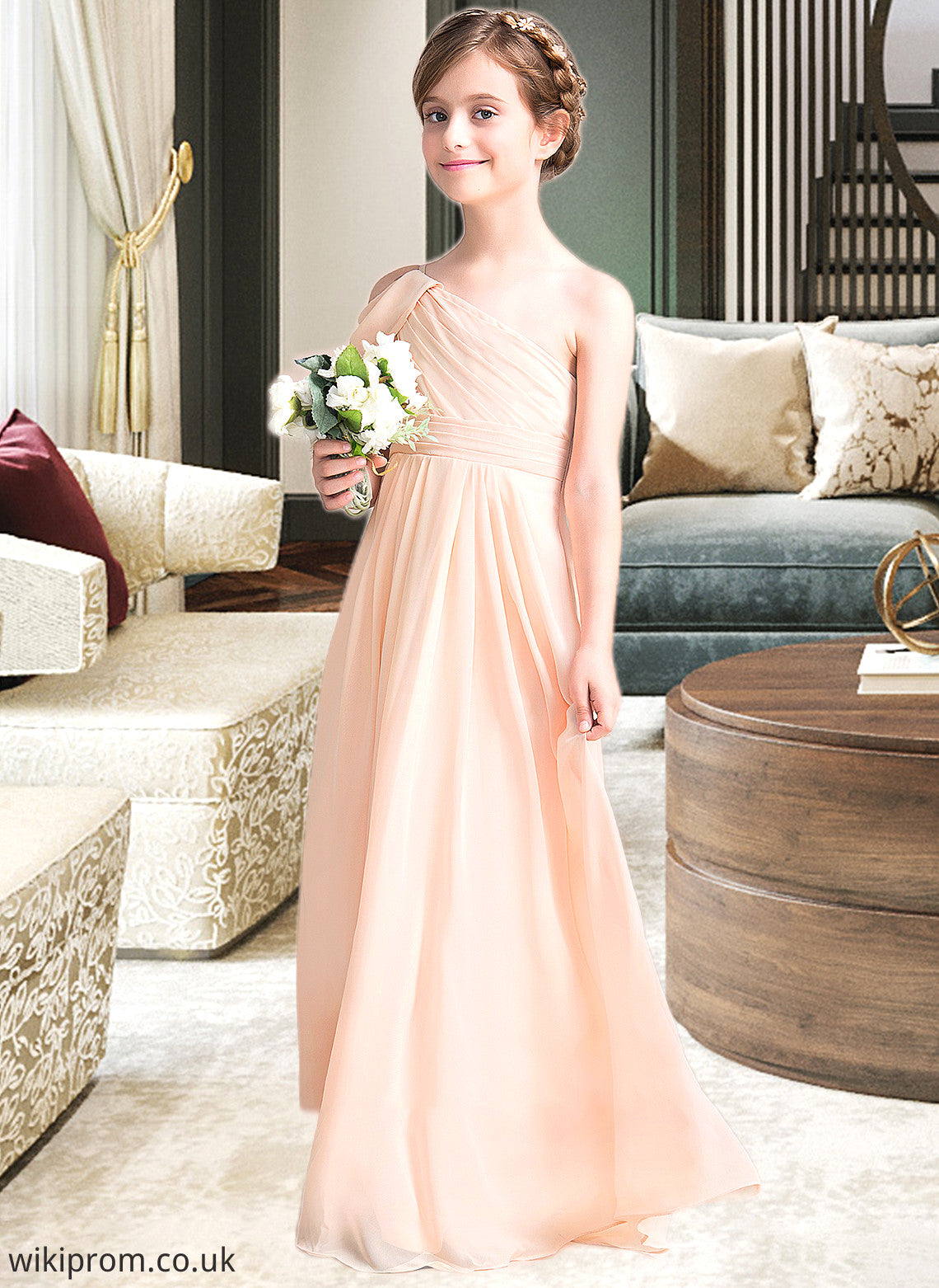 Kyra A-Line One-Shoulder Floor-Length Chiffon Junior Bridesmaid Dress With Ruffle SWKP0013594