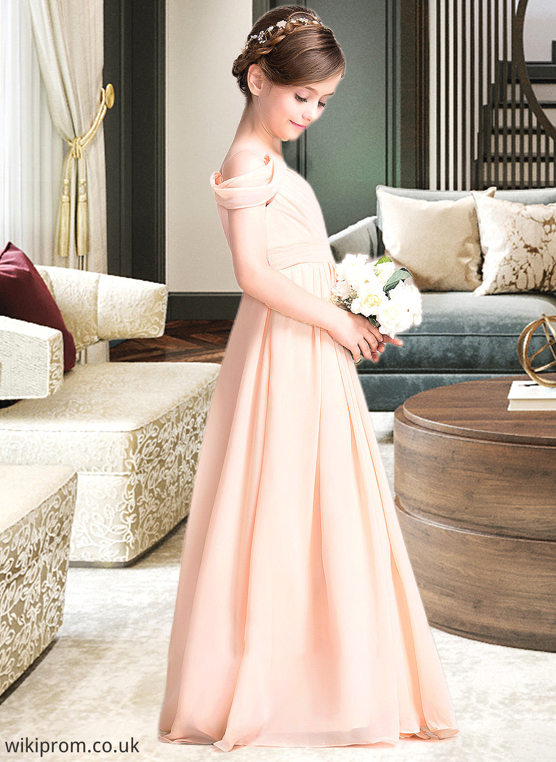 Kyra A-Line One-Shoulder Floor-Length Chiffon Junior Bridesmaid Dress With Ruffle SWKP0013594