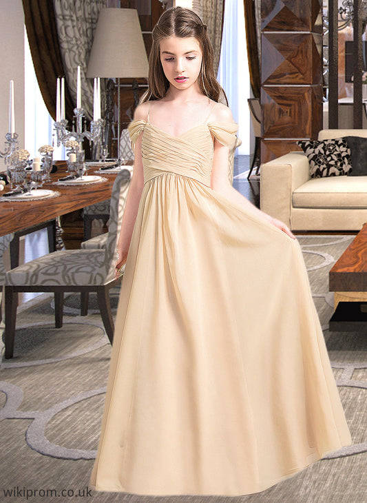 Jaylen A-Line Off-the-Shoulder Floor-Length Chiffon Junior Bridesmaid Dress With Ruffle SWKP0013595