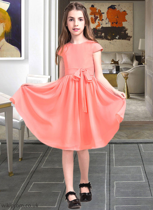 Hayley A-Line Scoop Neck Knee-Length Chiffon Junior Bridesmaid Dress With Bow(s) SWKP0013596