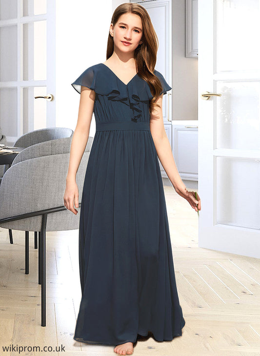 Amiya A-Line V-neck Floor-Length Chiffon Junior Bridesmaid Dress With Bow(s) Cascading Ruffles SWKP0013599