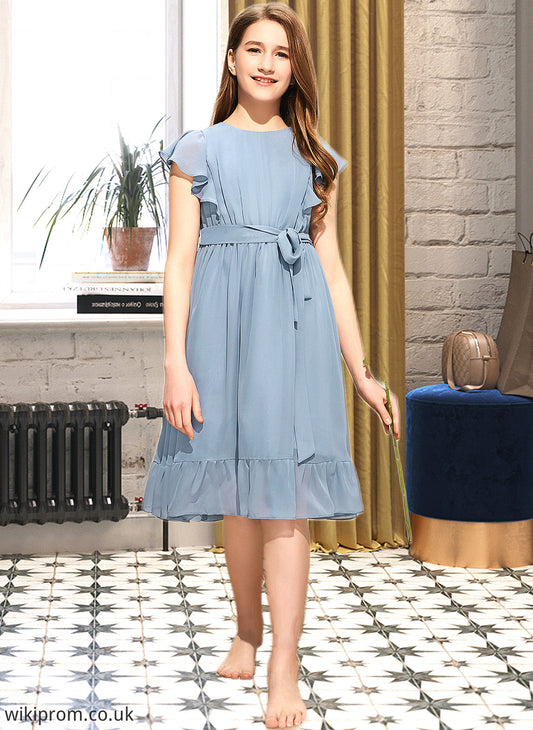 Amira A-Line Scoop Neck Knee-Length Chiffon Junior Bridesmaid Dress With Bow(s) Cascading Ruffles SWKP0013601