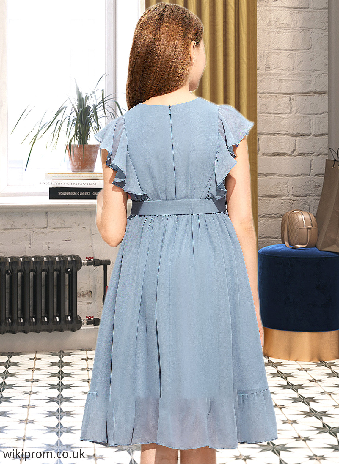 Amira A-Line Scoop Neck Knee-Length Chiffon Junior Bridesmaid Dress With Bow(s) Cascading Ruffles SWKP0013601