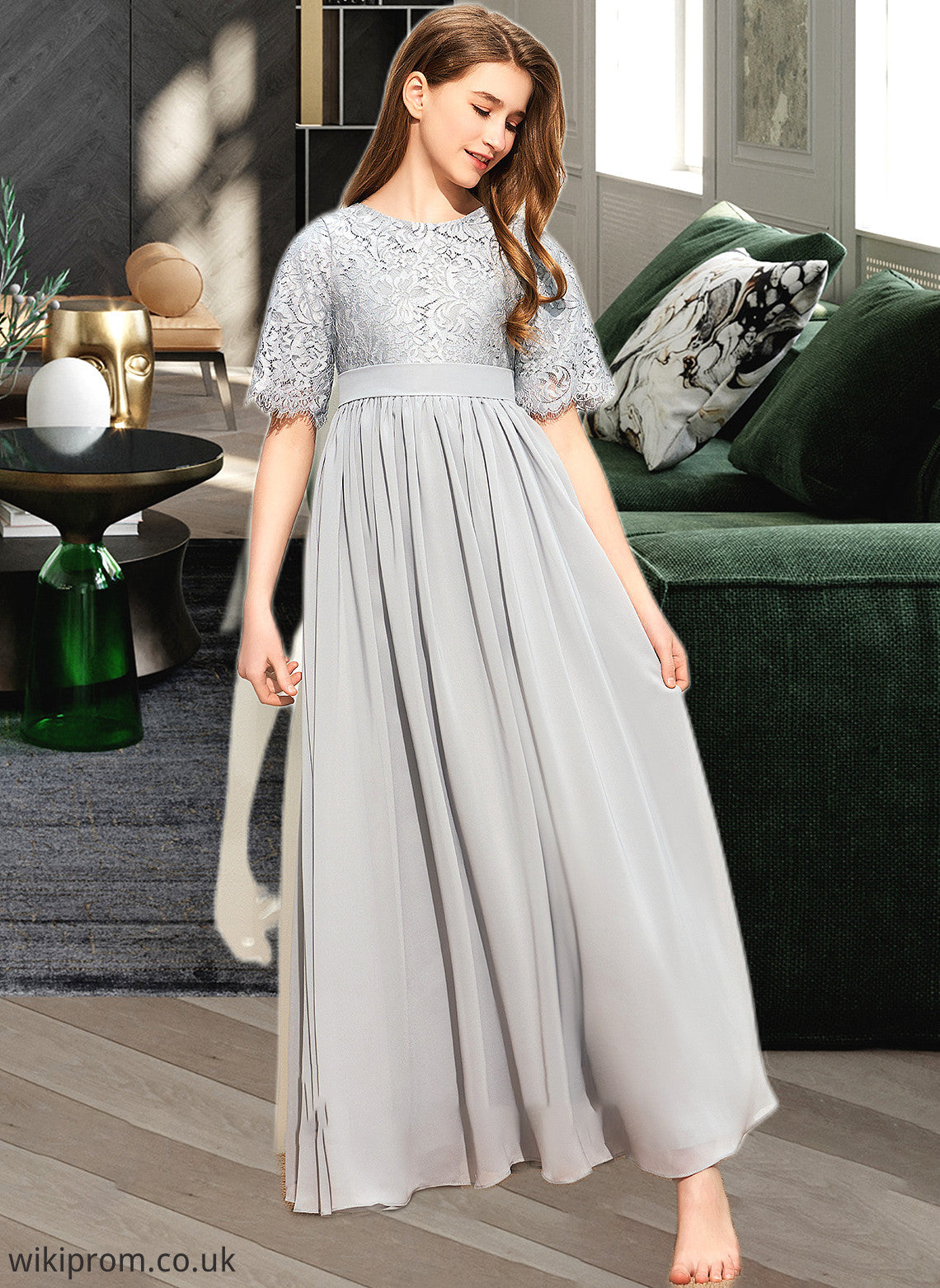 Alondra A-LineScoopNeckFloor-LengthChiffonLaceJuniorBridesmaidDress#253700 SWKP0013602