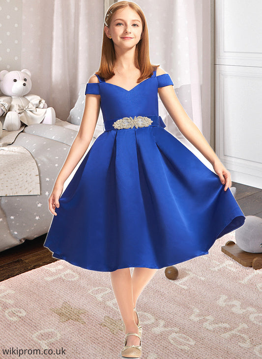 Evelyn A-Line Off-the-Shoulder Knee-Length Satin Junior Bridesmaid Dress With Beading Bow(s) SWKP0013605