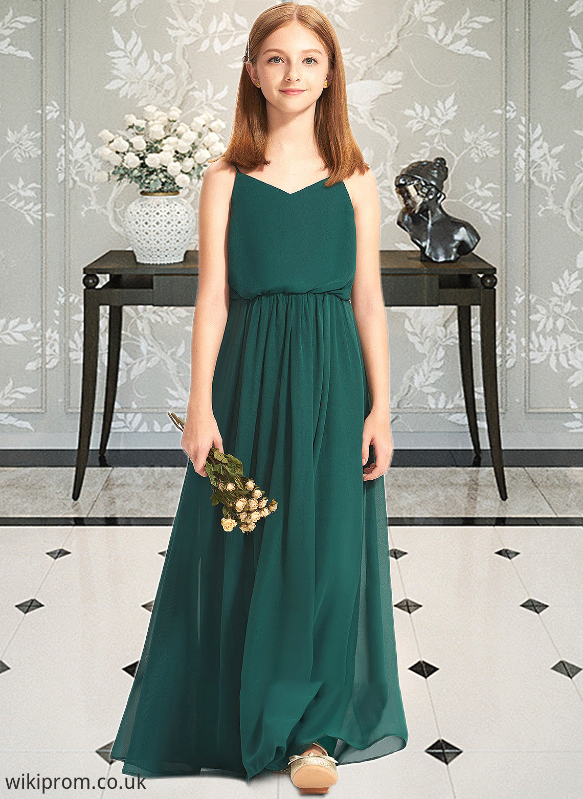 Zoey A-Line V-neck Floor-Length Chiffon Junior Bridesmaid Dress With Ruffle SWKP0013606