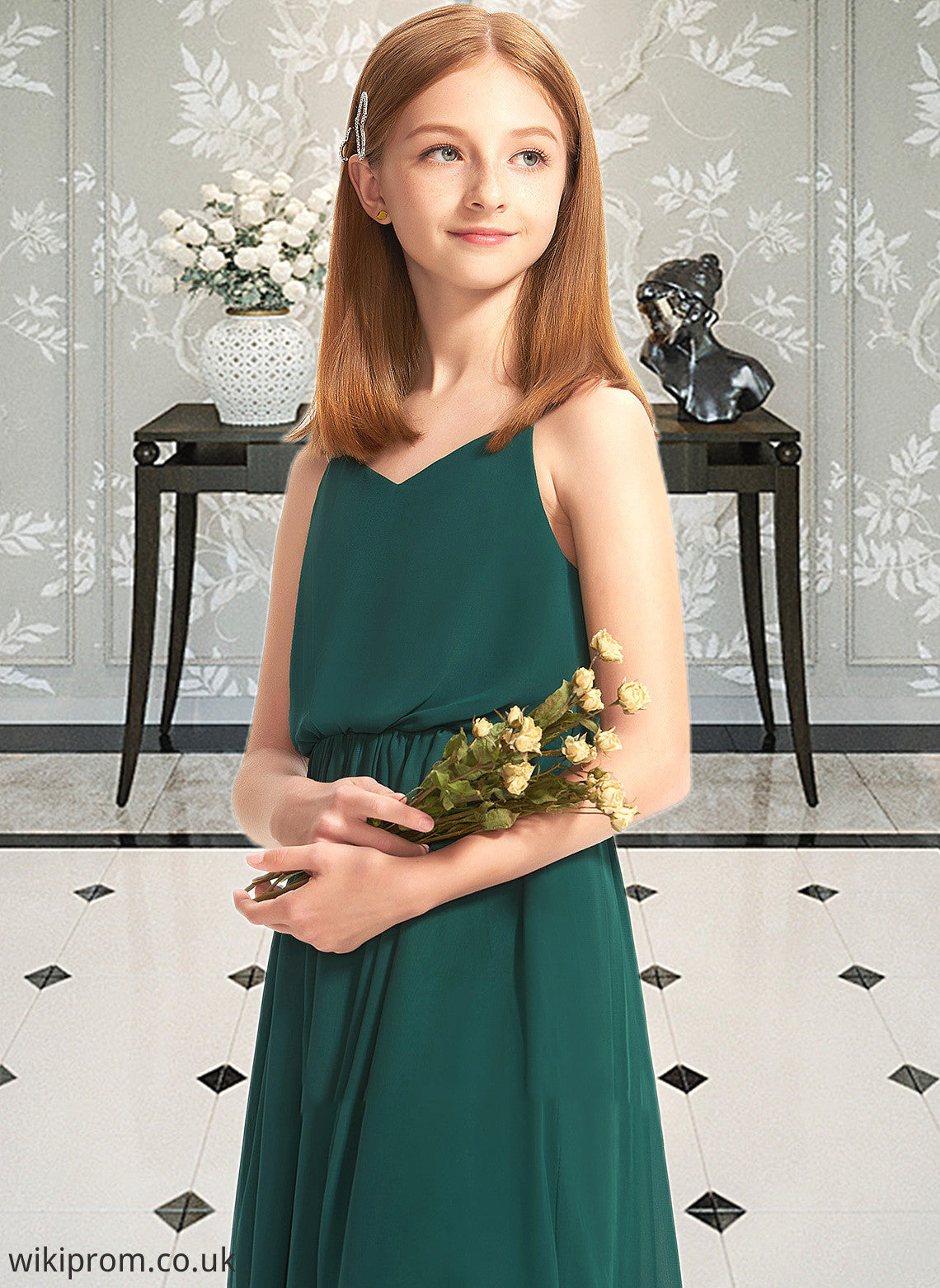 Zoey A-Line V-neck Floor-Length Chiffon Junior Bridesmaid Dress With Ruffle SWKP0013606