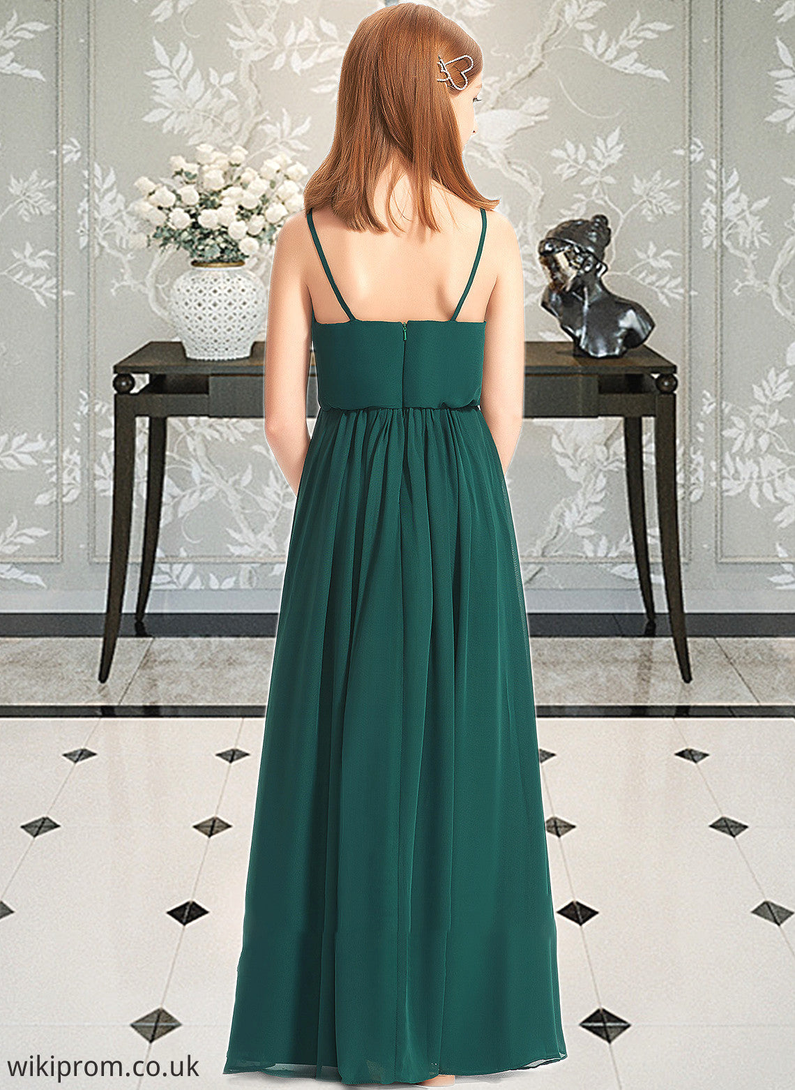 Zoey A-Line V-neck Floor-Length Chiffon Junior Bridesmaid Dress With Ruffle SWKP0013606