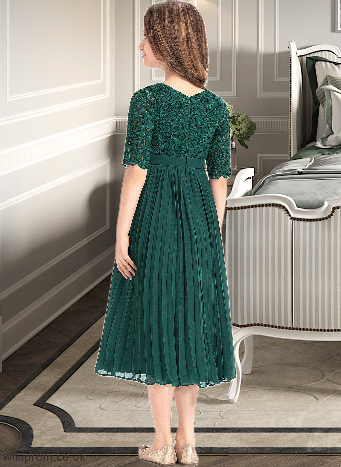 Jan A-Line Scoop Neck Tea-Length Chiffon Lace Junior Bridesmaid Dress With Pleated SWKP0013608