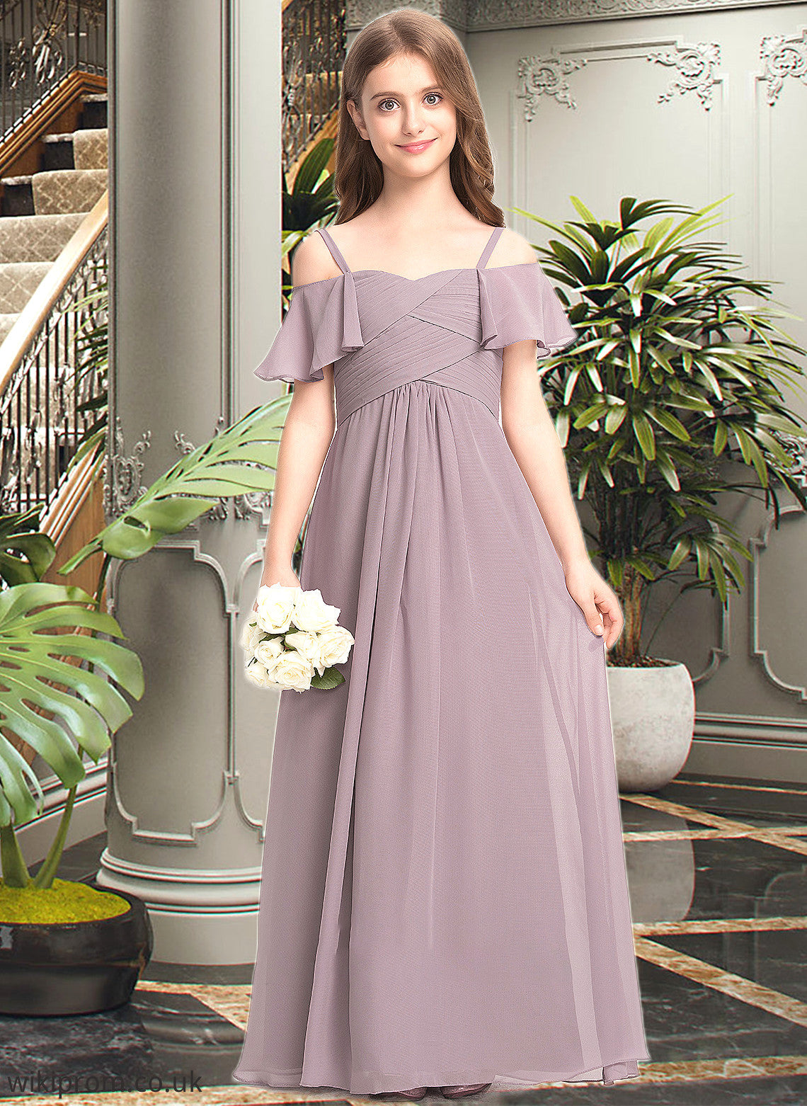 Aria A-Line Off-the-Shoulder Floor-Length Chiffon Junior Bridesmaid Dress With Ruffle SWKP0013610