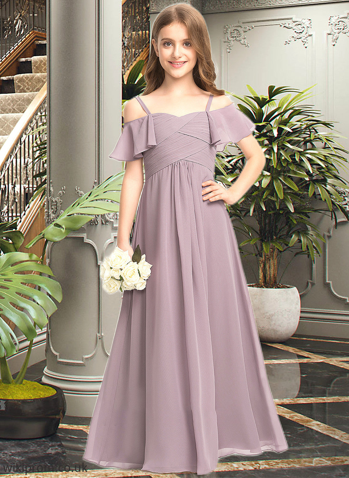 Aria A-Line Off-the-Shoulder Floor-Length Chiffon Junior Bridesmaid Dress With Ruffle SWKP0013610