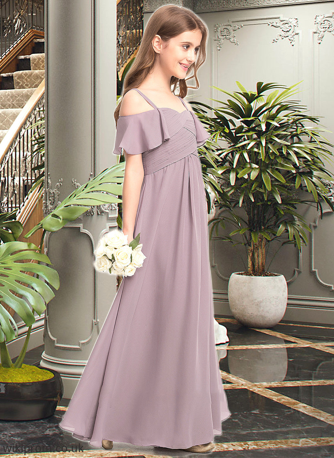 Aria A-Line Off-the-Shoulder Floor-Length Chiffon Junior Bridesmaid Dress With Ruffle SWKP0013610