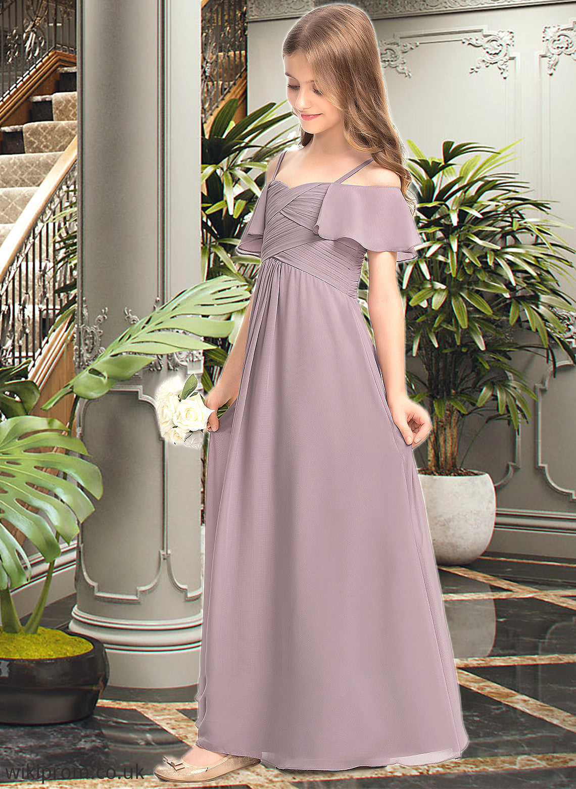 Aria A-Line Off-the-Shoulder Floor-Length Chiffon Junior Bridesmaid Dress With Ruffle SWKP0013610