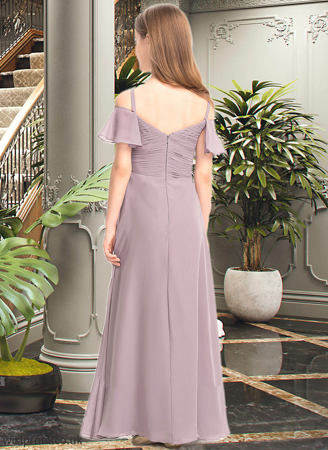 Aria A-Line Off-the-Shoulder Floor-Length Chiffon Junior Bridesmaid Dress With Ruffle SWKP0013610