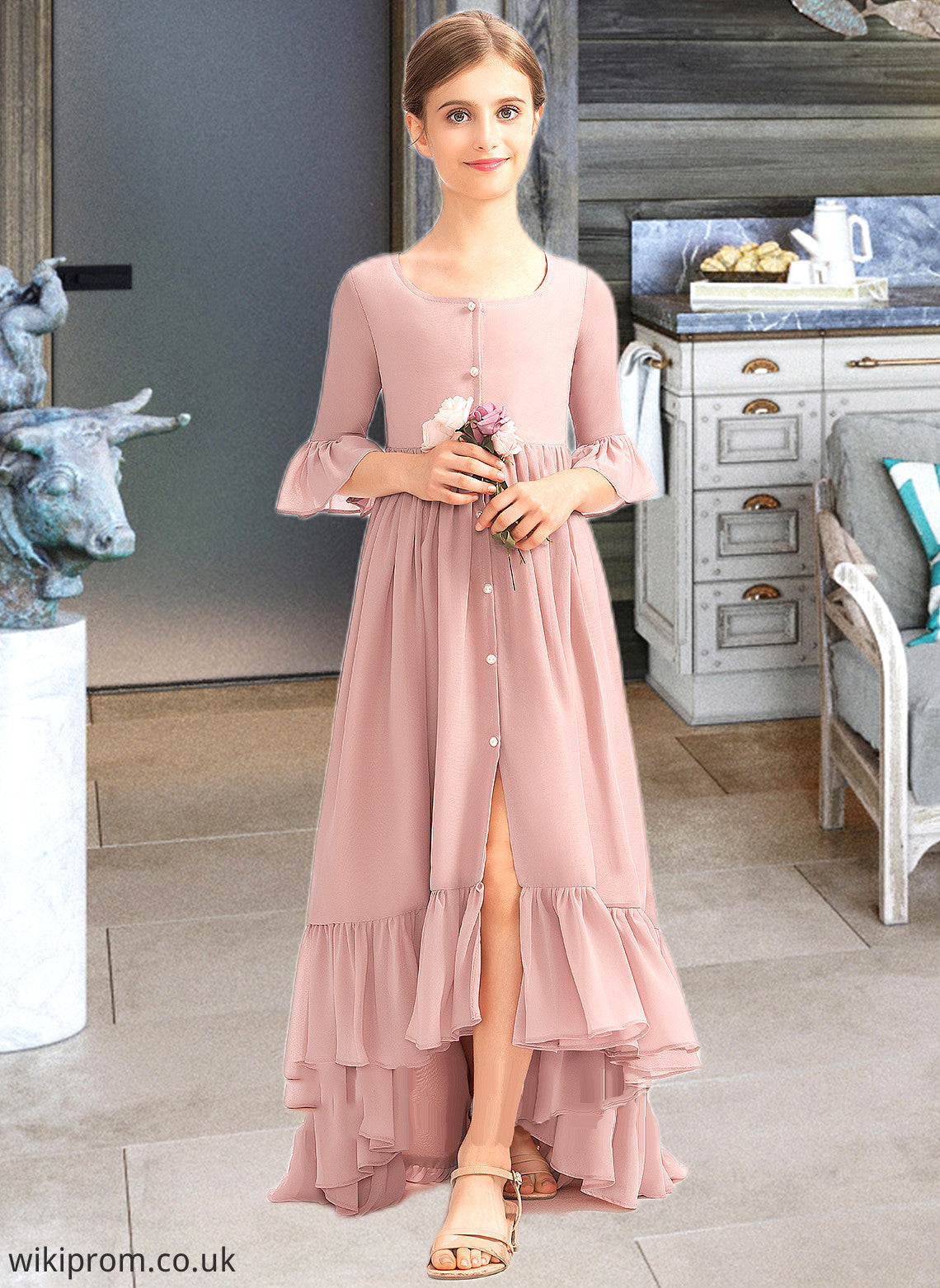 Madge A-Line Scoop Neck Asymmetrical Chiffon Junior Bridesmaid Dress With Bow(s) Cascading Ruffles SWKP0013612