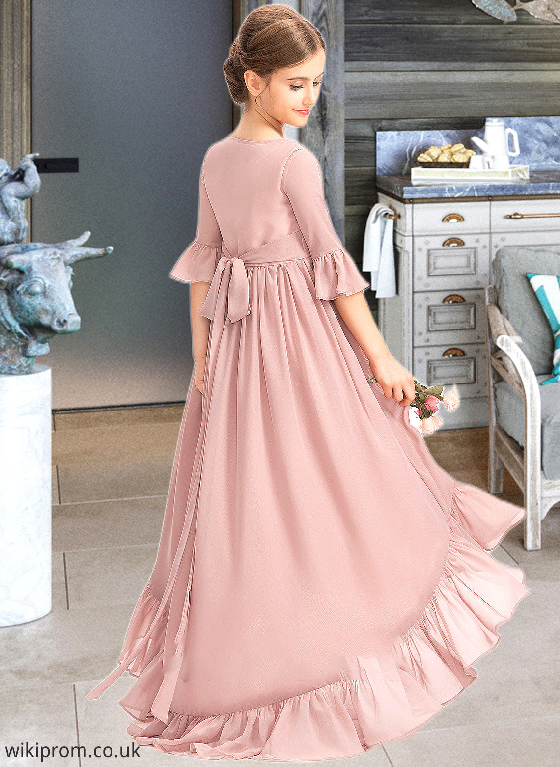 Madge A-Line Scoop Neck Asymmetrical Chiffon Junior Bridesmaid Dress With Bow(s) Cascading Ruffles SWKP0013612