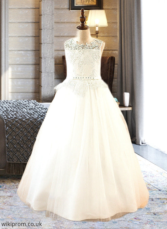 Carla Ball-Gown/PrincessScoopNeckFloor-LengthTulleJuniorBridesmaidDressWithSashBeading#136423 SWKP0013615