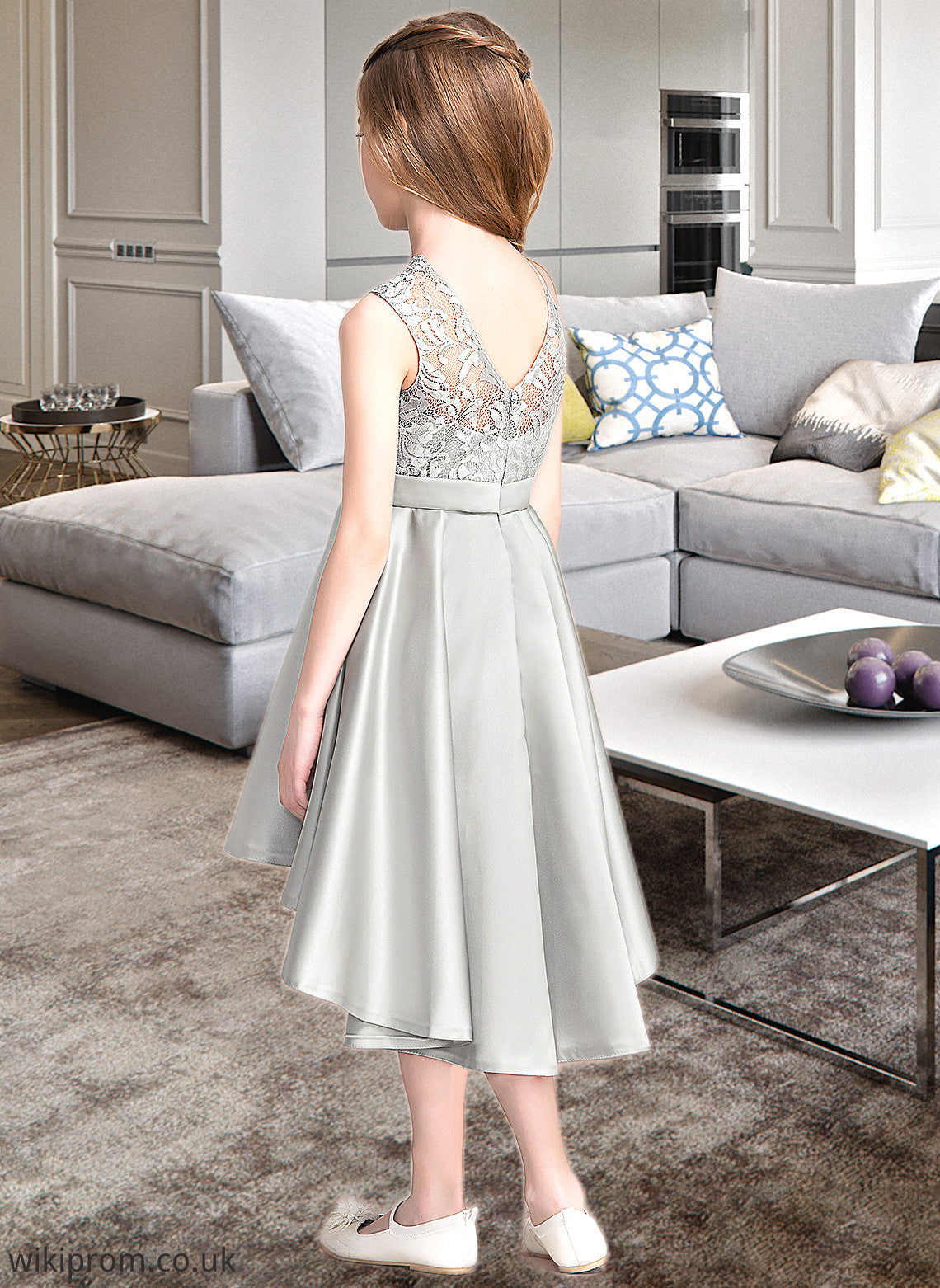 Chana A-Line Scoop Neck Asymmetrical Satin Junior Bridesmaid Dress SWKP0013618