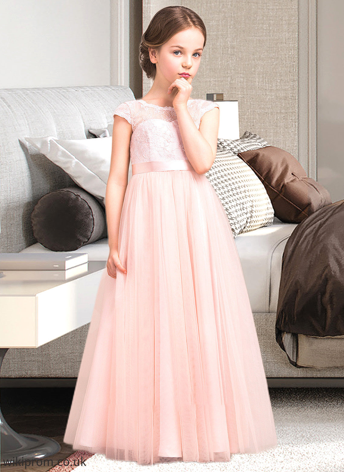 Dulce A-Line Scoop Neck Floor-Length Tulle Lace Junior Bridesmaid Dress With Bow(s) SWKP0013619