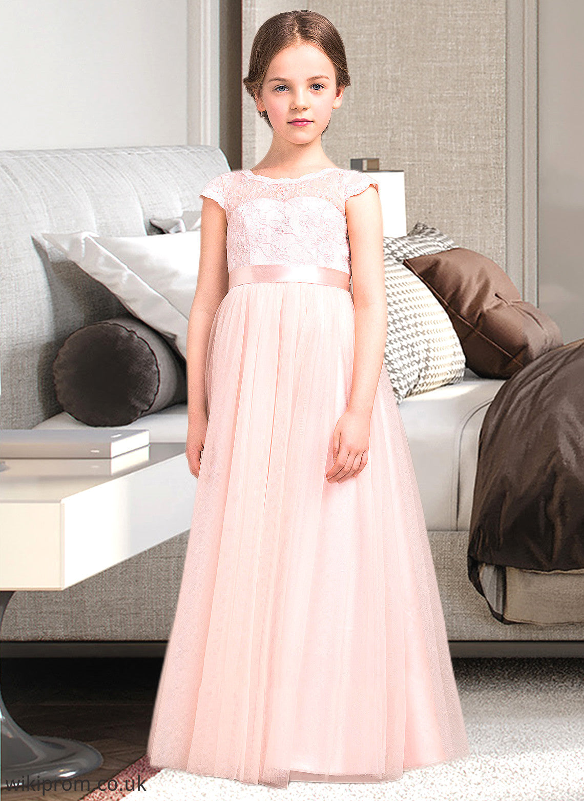 Dulce A-Line Scoop Neck Floor-Length Tulle Lace Junior Bridesmaid Dress With Bow(s) SWKP0013619