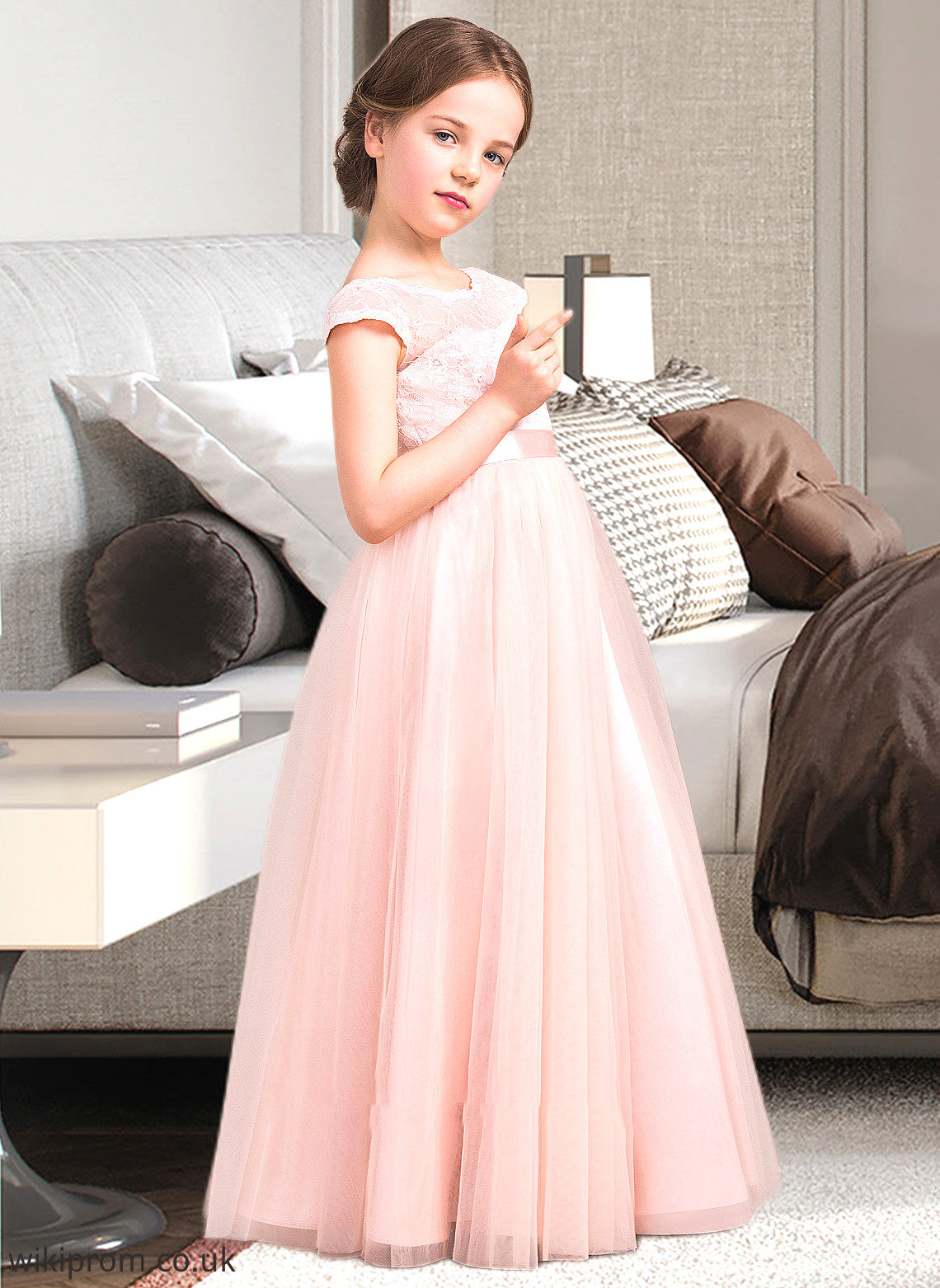 Dulce A-Line Scoop Neck Floor-Length Tulle Lace Junior Bridesmaid Dress With Bow(s) SWKP0013619