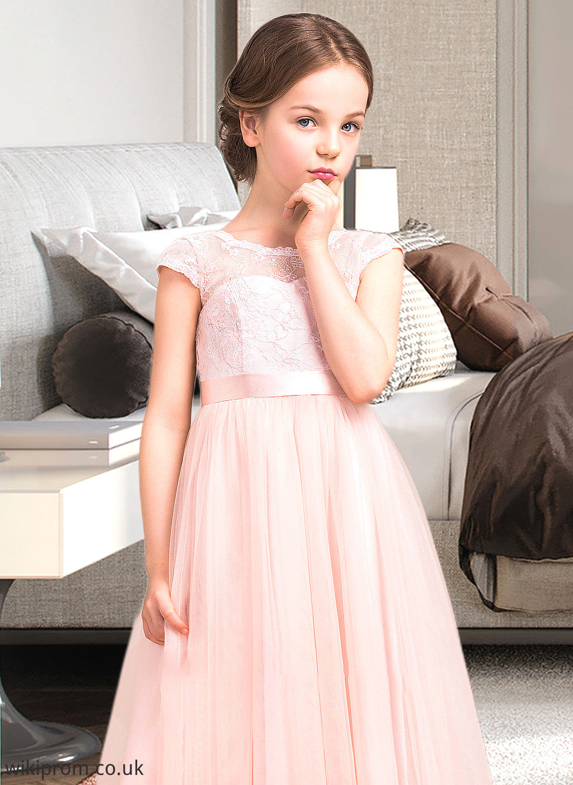 Dulce A-Line Scoop Neck Floor-Length Tulle Lace Junior Bridesmaid Dress With Bow(s) SWKP0013619