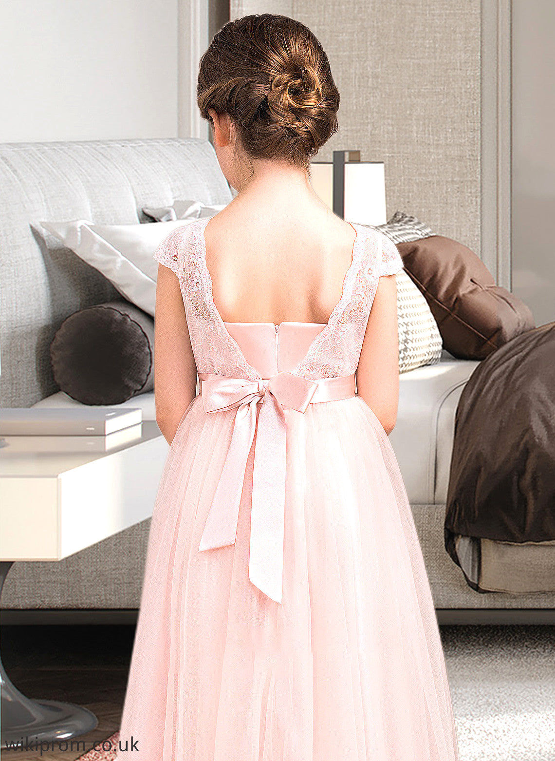 Dulce A-Line Scoop Neck Floor-Length Tulle Lace Junior Bridesmaid Dress With Bow(s) SWKP0013619