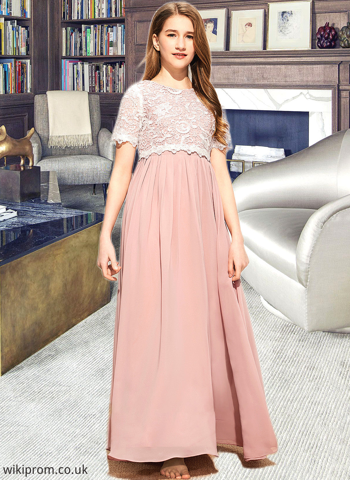 Shaylee A-Line Scoop Neck Floor-Length Chiffon Lace Junior Bridesmaid Dress SWKP0013623