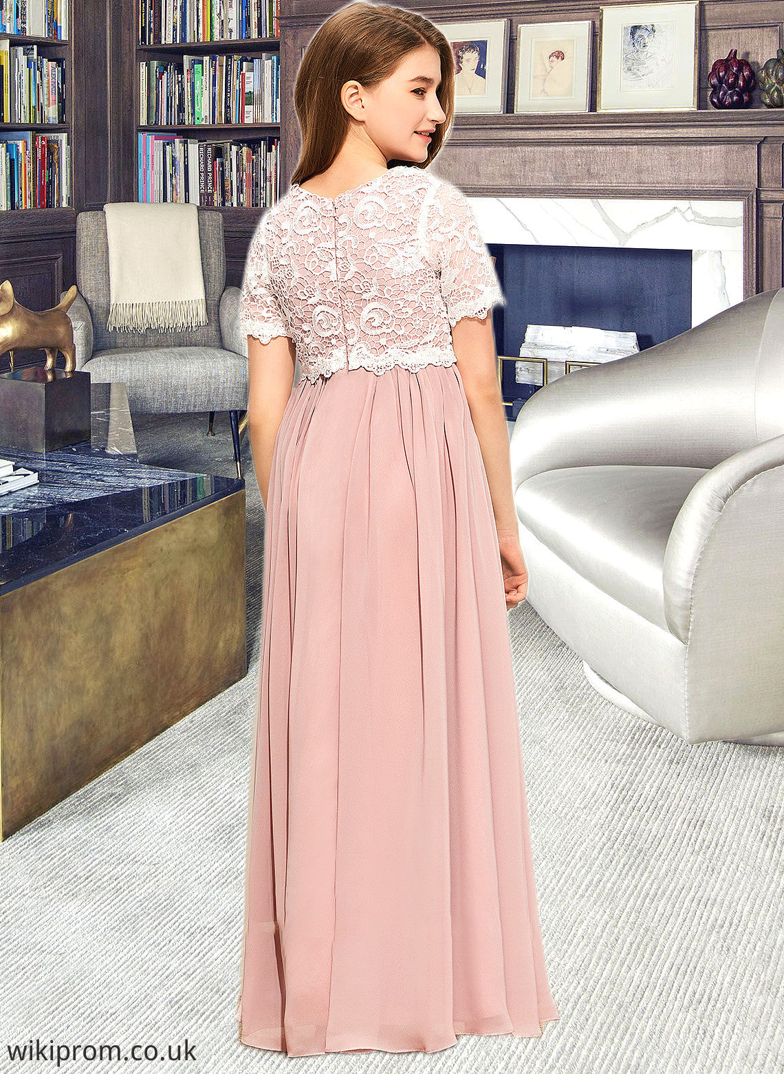 Shaylee A-Line Scoop Neck Floor-Length Chiffon Lace Junior Bridesmaid Dress SWKP0013623