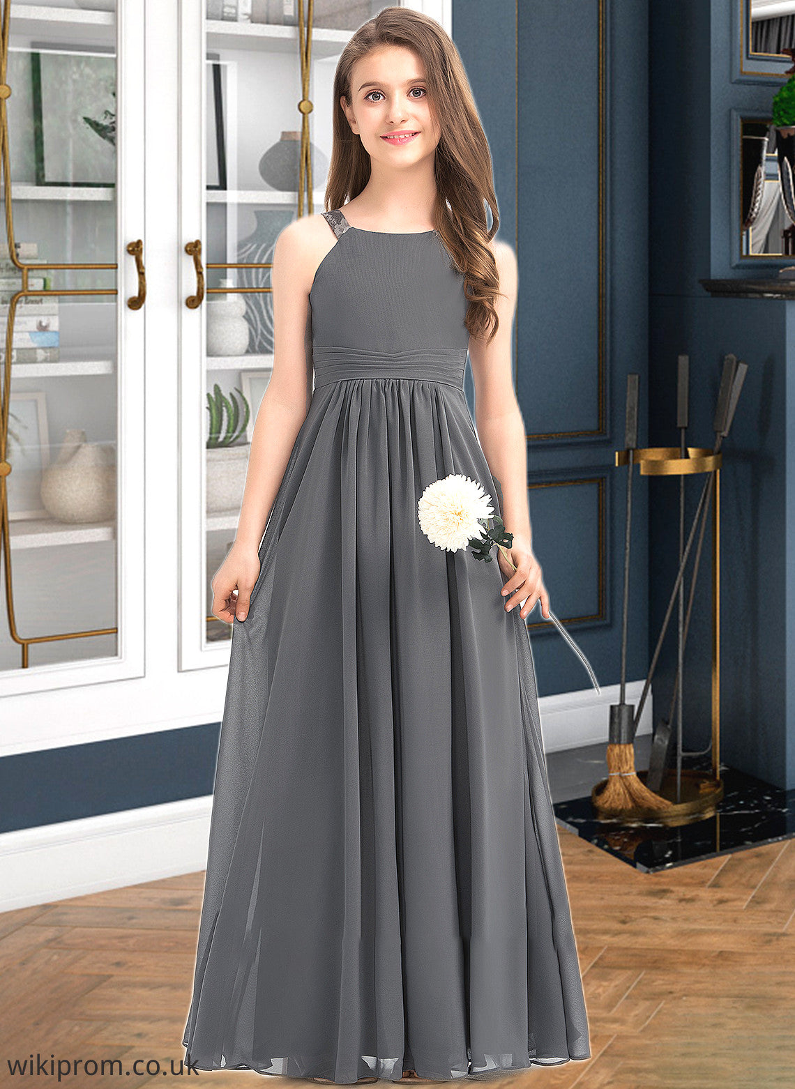 Zoey A-Line Scoop Neck Floor-Length Chiffon Junior Bridesmaid Dress With Ruffle Lace SWKP0013625