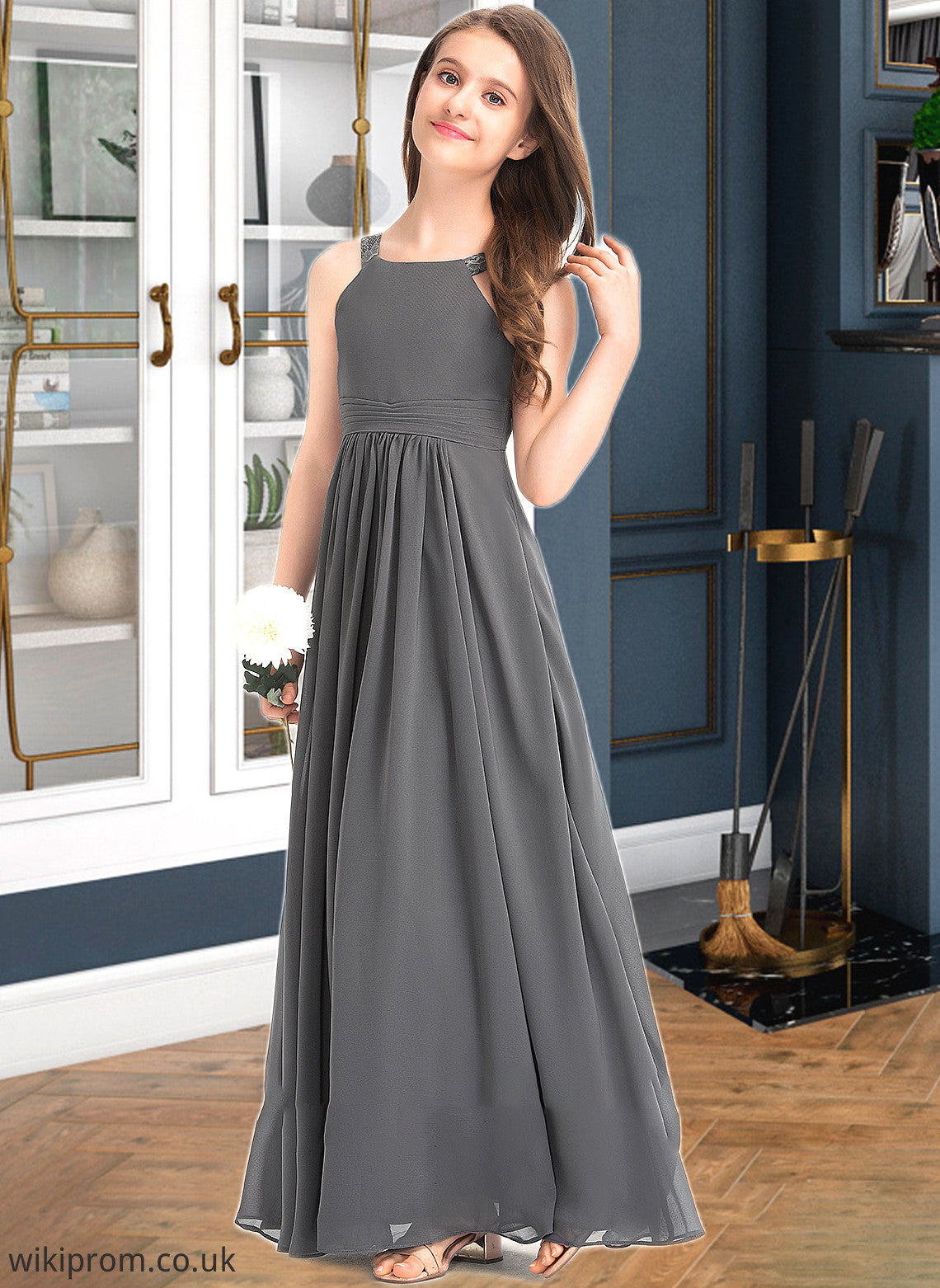 Zoey A-Line Scoop Neck Floor-Length Chiffon Junior Bridesmaid Dress With Ruffle Lace SWKP0013625