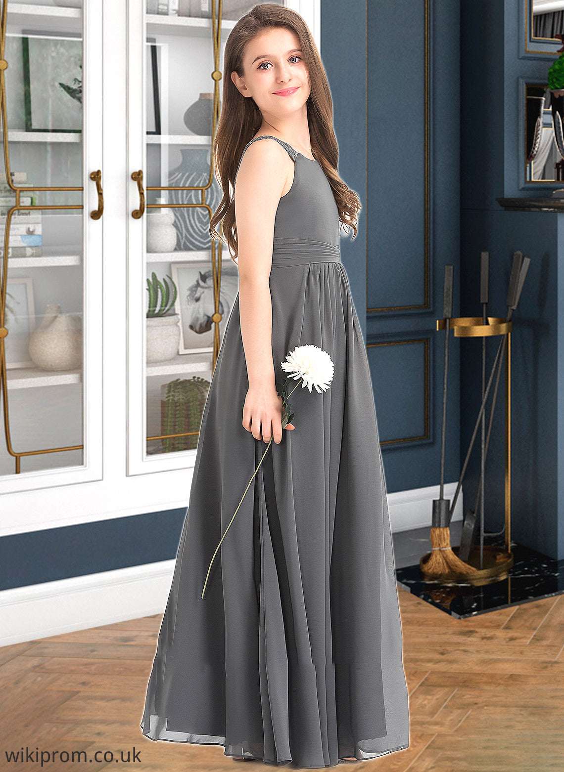 Zoey A-Line Scoop Neck Floor-Length Chiffon Junior Bridesmaid Dress With Ruffle Lace SWKP0013625