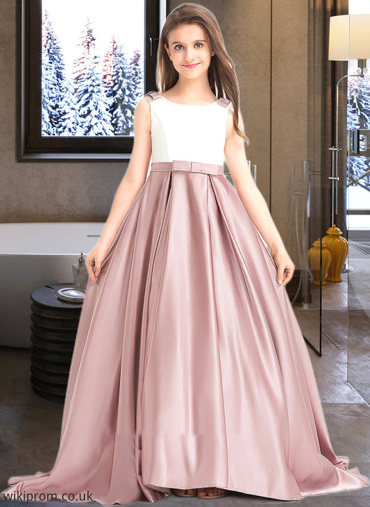 Ariella Ball-Gown/Princess Scoop Neck Sweep Train Satin Junior Bridesmaid Dress With Bow(s) Pockets SWKP0013626