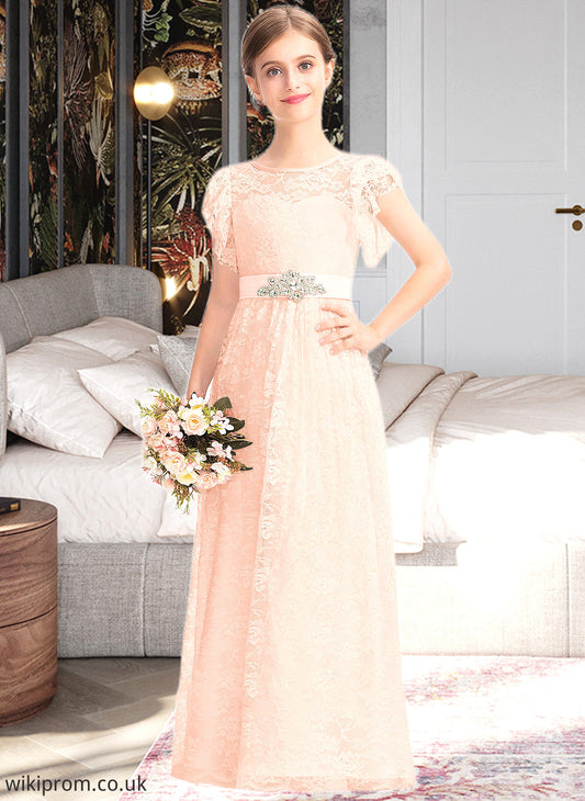 Sariah A-Line Scoop Neck Floor-Length Lace Junior Bridesmaid Dress With Beading Bow(s) Cascading Ruffles SWKP0013627