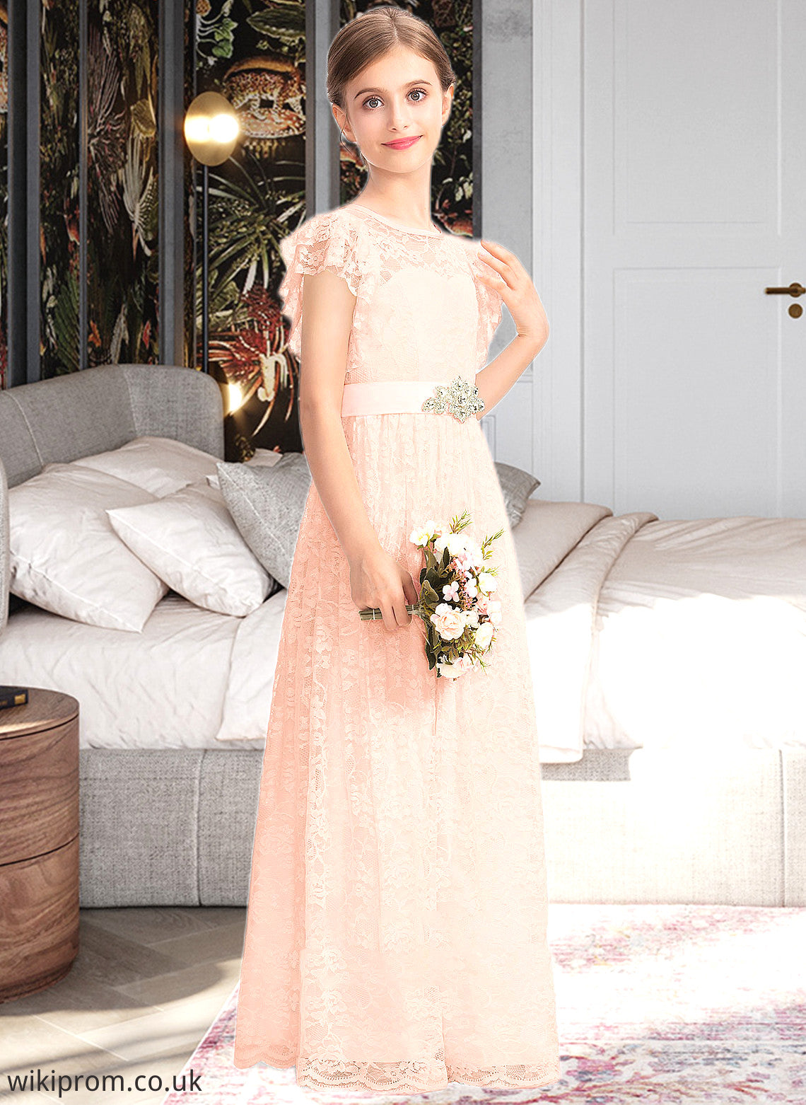 Sariah A-Line Scoop Neck Floor-Length Lace Junior Bridesmaid Dress With Beading Bow(s) Cascading Ruffles SWKP0013627