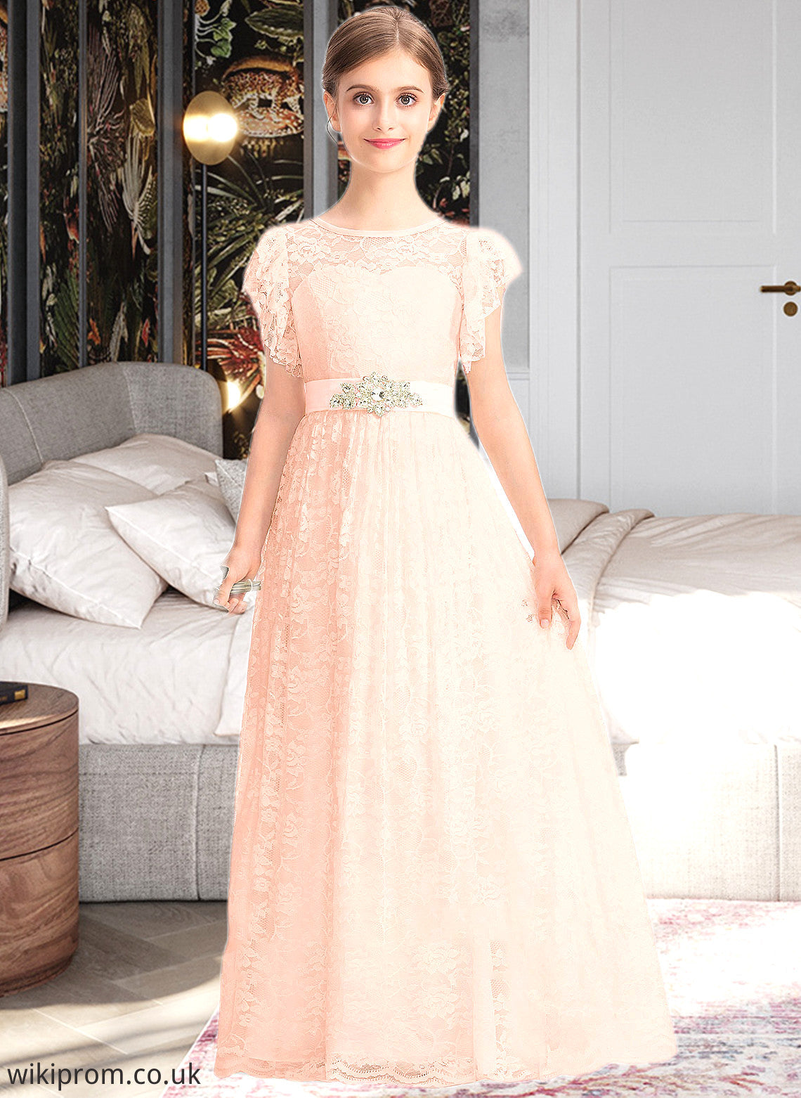 Sariah A-Line Scoop Neck Floor-Length Lace Junior Bridesmaid Dress With Beading Bow(s) Cascading Ruffles SWKP0013627