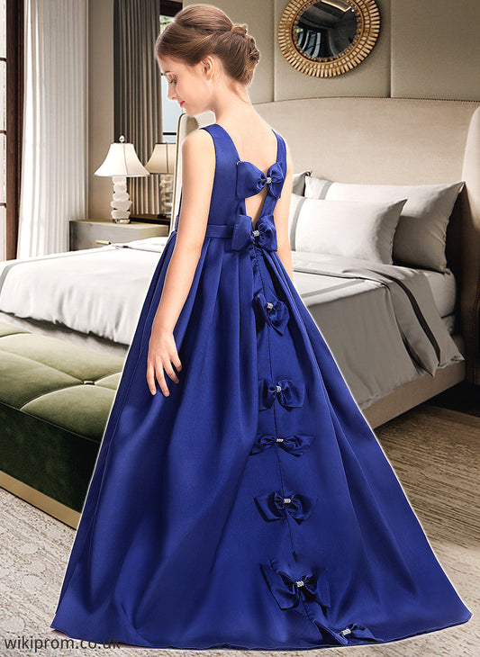 Natalee Ball-Gown/Princess Scoop Neck Sweep Train Satin Junior Bridesmaid Dress With Bow(s) SWKP0013628