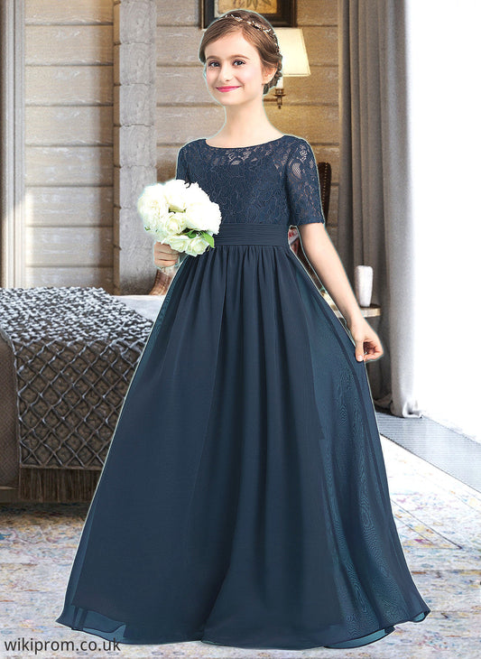 Dulce A-LineScoopNeckFloor-LengthChiffonJuniorBridesmaidDress#148411 SWKP0013631