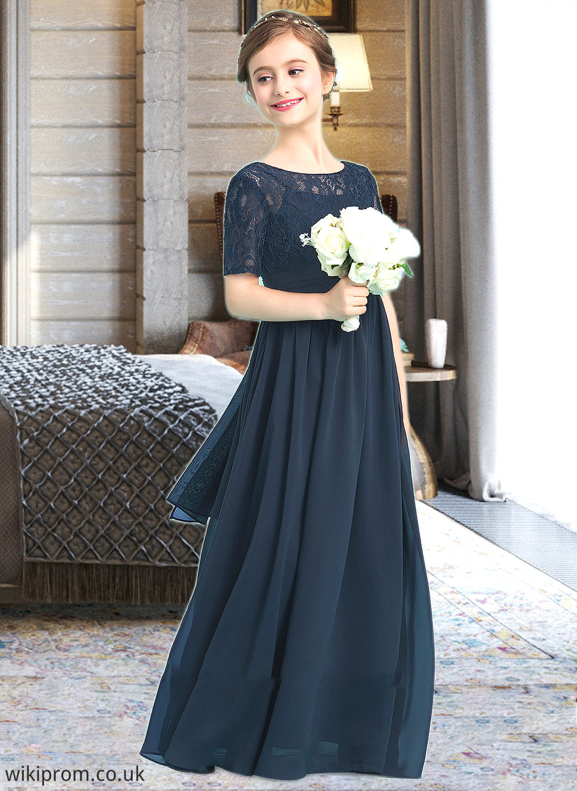 Dulce A-LineScoopNeckFloor-LengthChiffonJuniorBridesmaidDress#148411 SWKP0013631