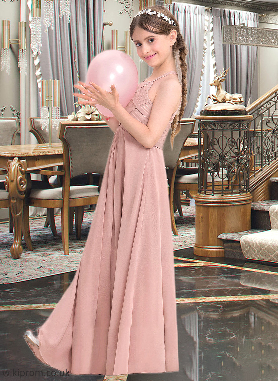 Caitlin A-Line Scoop Neck Floor-Length Chiffon Junior Bridesmaid Dress With Ruffle SWKP0013632