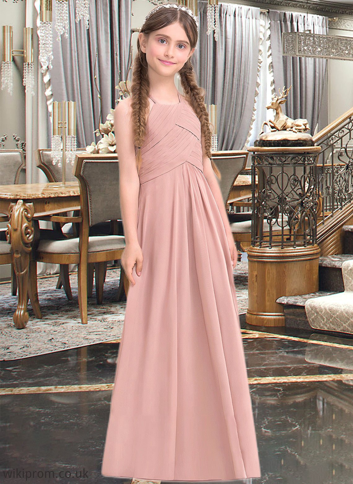 Caitlin A-Line Scoop Neck Floor-Length Chiffon Junior Bridesmaid Dress With Ruffle SWKP0013632